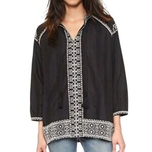 Madewell Womens Camelia Embroidered Tunic Top L Black‎ Peasant Folk Tie Neck